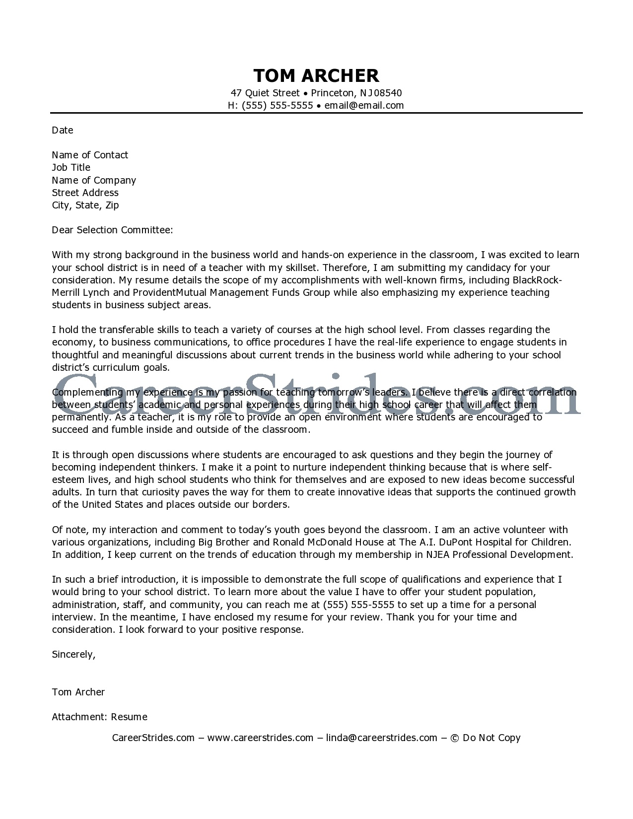 Example cover letter education