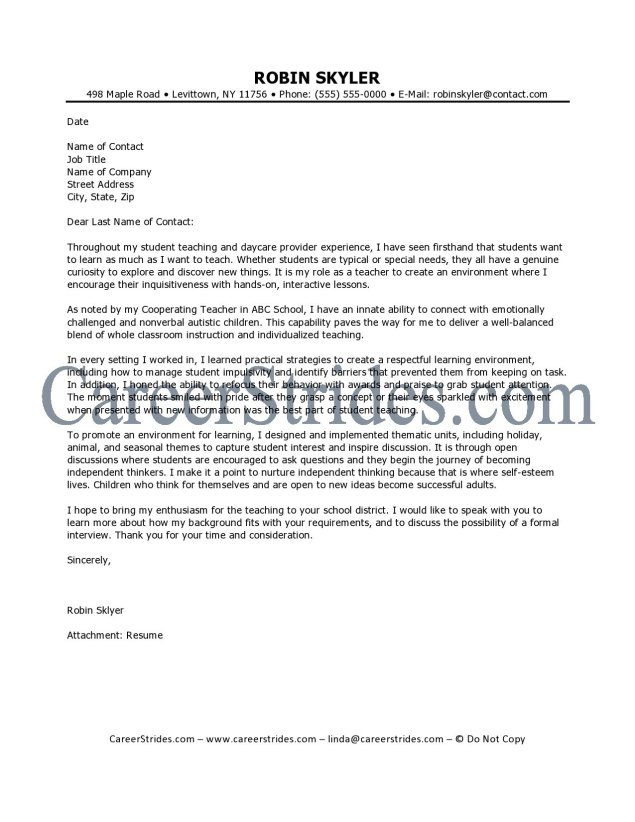 Sample cover letter for primary teacher