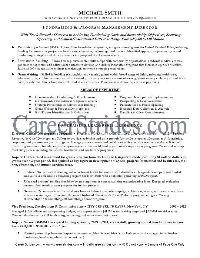 Sample resume for fundraiser director