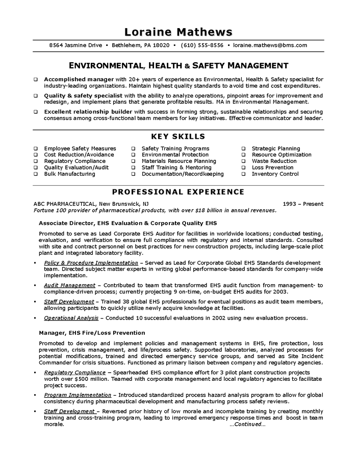 health and safety resume sample