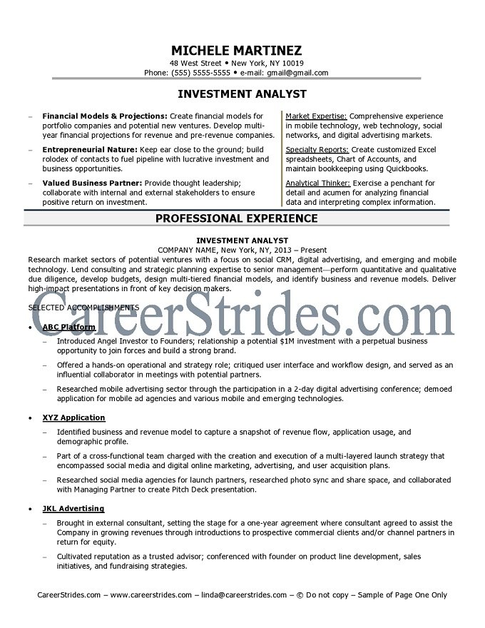 investment analyst resume