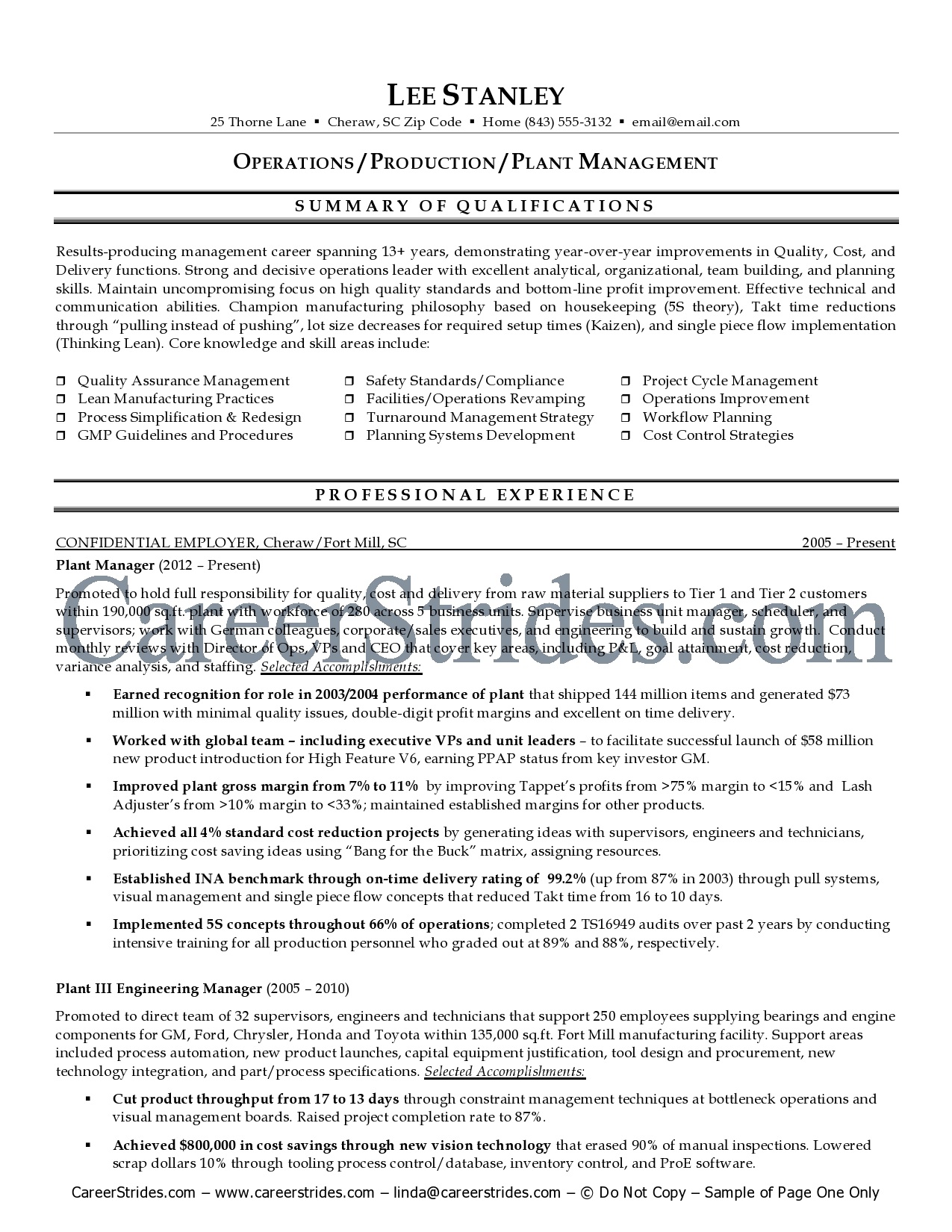 plant manager resumes