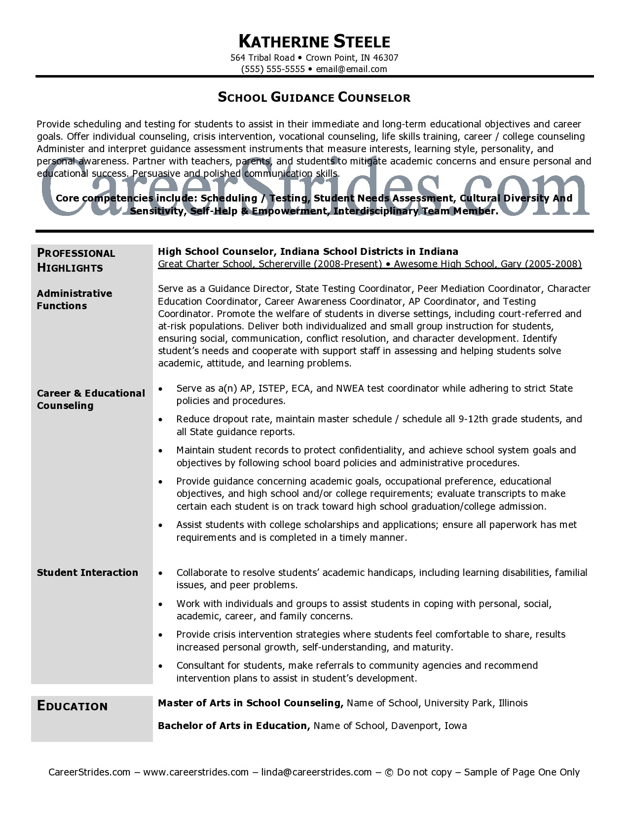school guidance counselor resume sample