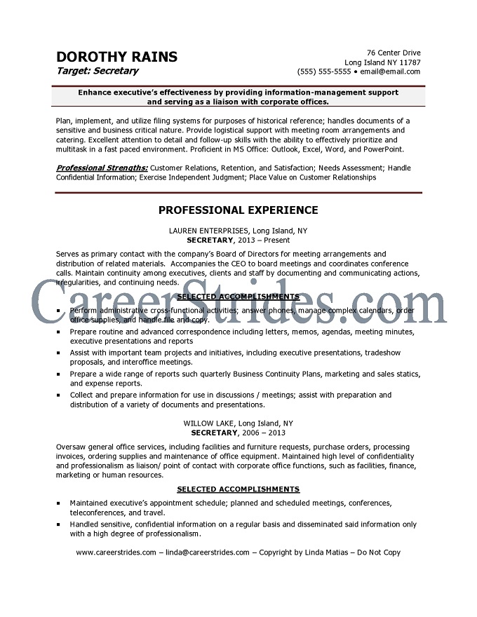 Secretary Resume Sample (Example)