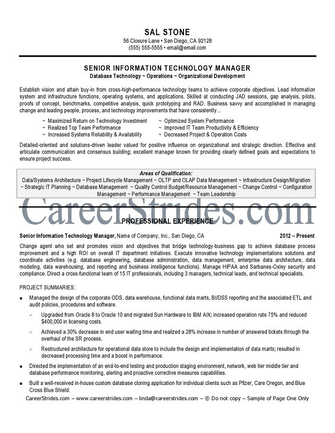 senior IT manager resume sample
